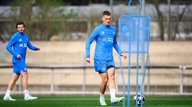 Patrik Schick of Leverkusen controls the ball during the training session at BayArena on March 10, 2026 in Leverkusen, Germany.