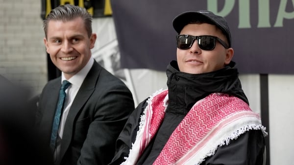 Kneecap's Mo Chara during a press conference at Belfast