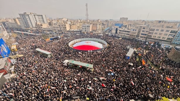 Funerals are held for members of Iran's Revolutionary Guards Corps (IRGC) and other military figures at Enghelab Square