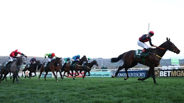 CHELTENHAM, ENGLAND - MARCH 11: Jockey Colin Keane celebrates victory on board The Mourne Rambler in the Weatherbys Champion Bumper (In Memory Of Sir Johnny Weatherby) (Standard Open NH Flat Race) (Grade 1)on Ladies Day during day two of the Cheltenham Festival at Cheltenham Racecourse at Cheltenham