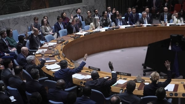 Members attend a United Nations Security Council meeting where a resolution condemning Iran's missile attacks on Gulf countries hosting US bases was adopted at the UN headquarters in New York
