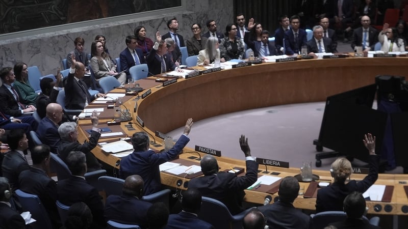 Members attend a United Nations Security Council meeting where a resolution condemning Iran's missile attacks on Gulf countries hosting US bases was adopted at the UN headquarters in New York