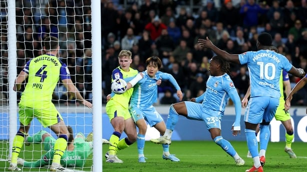 COVENTRY, ENGLAND - MARCH 11: Brandon Thomas-Asante of Coventry City scores his team's second goal during the Sky Bet Championship match between Coventry City and Preston North End at The Coventry Building Society Arena on March 11, 2026 in Coventry, England. (Photo by Dan Istitene/Getty Images)