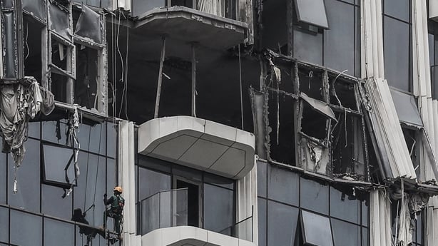 a view of a damaged building after a drone attack in dubai