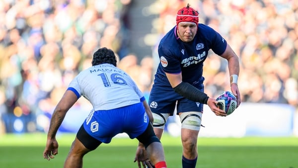 EDINBURGH, SCOTLAND - MARCH 7: Grant Gilchrist of Scotland runs at Peato Mauvaka of France during the Guinness Six Nations 2026 match between Scotland and France at Scottish Gas Murrayfield on March 7, 2026 (Photo by Malcolm Mackenzie/Getty Images)