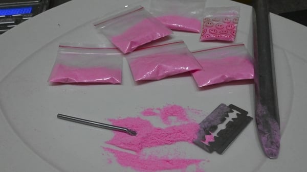 Bags containing a powder known as Tussi or pink cocaine are pictured in Medellin, Colombia