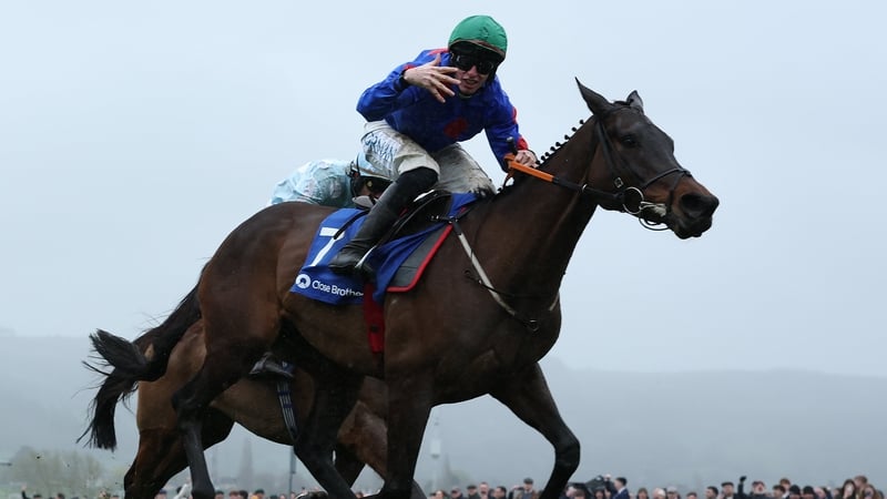 CHELTENHAM, ENGLAND - MARCH 12: Jack Kennedy celebrates riding Wodhooh to victory in the Close Brothers Mares' Hurdle on the third day of the Cheltenham Festival at Cheltenham Racecourse on March 12, 2026 in Cheltenham, England. (Photo by Michael Steele/G