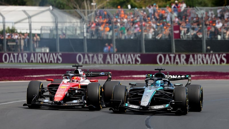 Charles Leclerc of Monaco driving the (16) Scuderia Ferrari SF-26 and George Russell of Great Britain driving the (63) Mercedes AMG Petronas F1 Team W17 battle for the lead during the F1 Grand Prix of Australia at Albert Park Grand Prix Circuit on March 0