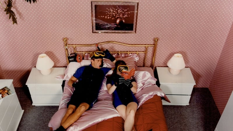 It may look like a traditional brass bed; but the scuba gear is the giveaway - it's a water bed; one of the new softsided types bringing water beds into the mainstream; Brasslite 7600; imitation brass; $499; The waterbed Gallery.