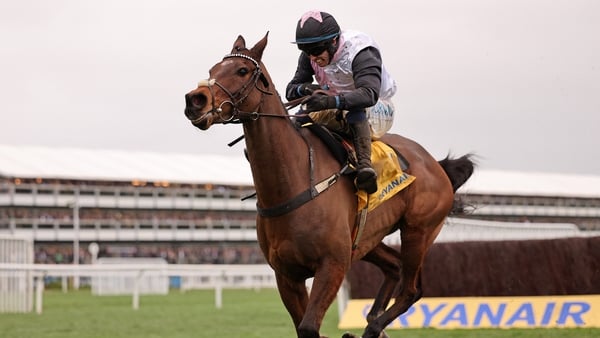 Heart Wood ridden by jockey Darragh O'Keefe ride to win the Ryanair Chase (The Festival Trophy) horse race on the third day of the Cheltenham Festival at Cheltenham Racecourse, in Cheltenham, western England on March 12, 2026. (Photo by Adrian Dennis / AF