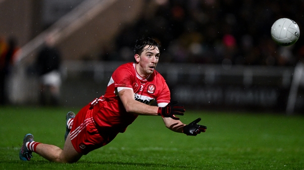 14 February 2026; Paul Cassidy of Derry during the Allianz Football League Division 2 match between Kildare and Derry at Cedral St Conleth's Park in Newbridge, Kildare. Photo by Ben McShane/Sportsfile