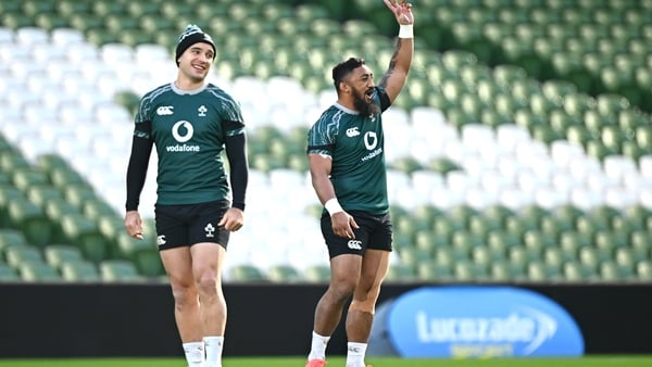 27 February 2025; Bundee Aki, right, and James Lowe during an Ireland Rugby open training session at the Aviva Stadium in Dublin. Photo by Seb Daly/Sportsfile