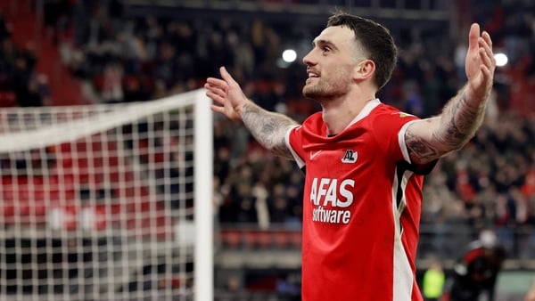 ALKMAAR, NETHERLANDS - MARCH 12: Troy Parrott of AZ Alkmaar celebrates 2-1 during the Conference League match between AZ Alkmaar v Sparta Prague at the AFAS Stadium on March 12, 2026 in Alkmaar Netherlands (Photo by Jeroen van den Berg/Soccrates/Getty Ima