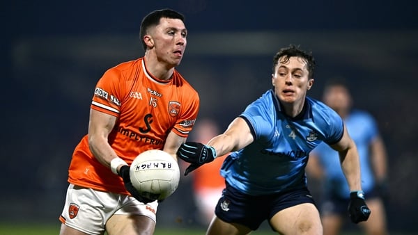 1 March 2025; Oisin Conaty of Armagh in action against Conor Tyrrell of Dublin during the Allianz Football League Division 1 match between Armagh and Dublin at the BOX-IT Athletic Grounds in Armagh. Photo by Ben McShane/Sportsfile