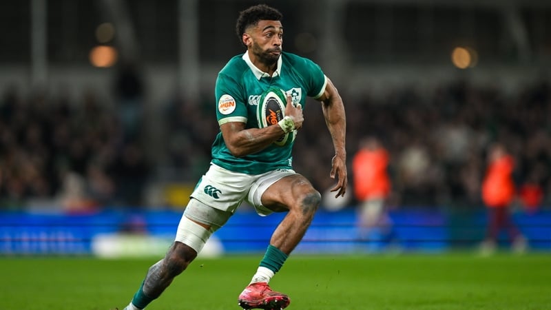 6 March 2026; Robert Baloucoune of Ireland during the Guinness 6 Nations Rugby Championship match between Ireland and Wales at the Aviva Stadium in Dublin. Photo by Ramsey Cardy/Sportsfile