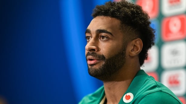 10 March 2026; Robert Baloucoune during an Ireland Rugby media conference at the IRFU High Performance Centre in Dublin. Photo by Brendan Moran/Sportsfile