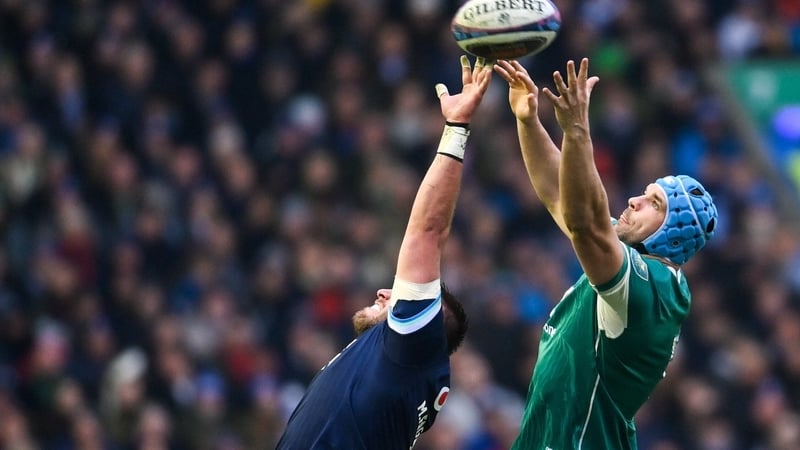 9 February 2025; Tadhg Beirne of Ireland and Matt Fagerson of Scotland contest a lineout during the Guinness Six Nations Rugby Championship match between Scotland and Ireland at Scottish Gas Murrayfield Stadium in Edinburgh, Scotland. Photo by Ramsey Card