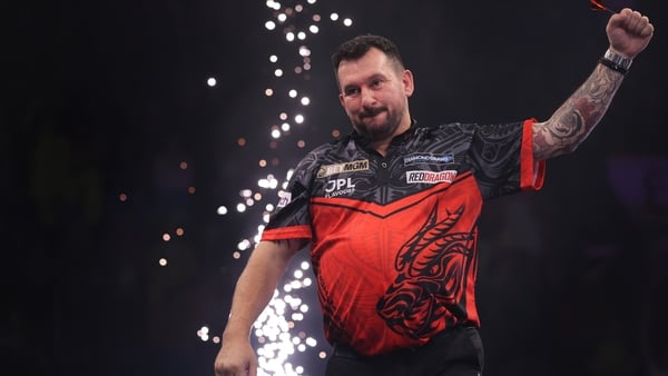 NOTTINGHAM, ENGLAND - MARCH 12: Jonny Clayton celebrates after defeating Luke Humphries in the Final of the 2026 BetMGM Premier League Darts at Motorpoint Arena Nottingham on March 12, 2026 in Nottingham, England. (Photo by Alex Livesey/Getty Images)