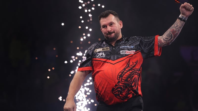 NOTTINGHAM, ENGLAND - MARCH 12: Jonny Clayton celebrates after defeating Luke Humphries in the Final of the 2026 BetMGM Premier League Darts at Motorpoint Arena Nottingham on March 12, 2026 in Nottingham, England. (Photo by Alex Livesey/Getty Images)