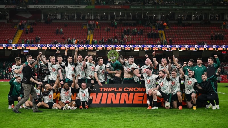 22 February 2025; Ireland captain Dan Sheehan lifts the Triple Crown trophy alongside team-mates after the Guinness Six Nations Rugby Championship match between Wales and Ireland at the Principality Stadium in Cardiff, Wales. Photo by Seb Daly/Sportsfile