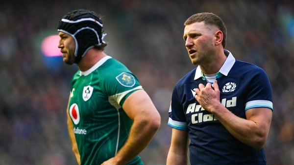 Ireland captain Caelan Doris, left, and Scotland vice captain Finn Russell during the Guinness Six Nations Rugby Championship match between Scotland and Ireland at Scottish Gas Murrayfield Stadium in Edinburgh, Scotland.