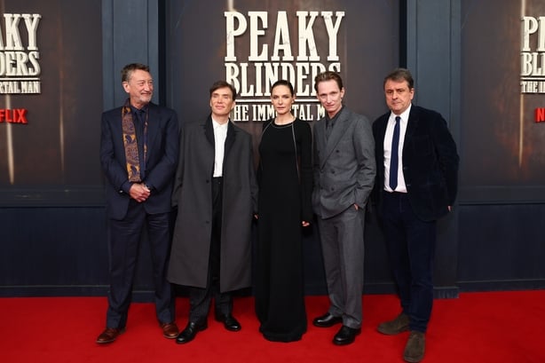 BERLIN, GERMANY - MARCH 12: Steven Knight, Cillian Murphy, Rebecca Ferguson, Tom Harper and Guy Heeley attend the "Peaky Blinders: The Immortal Man" premiere at Kino International on March 12, 2026 in Berlin, Germany. (Photo by Sebastian Reuter/Getty Images for Netflix)