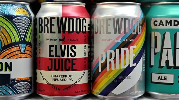 LEIGH ON SEA, ENGLAND - JANUARY 08: Cans of Brewdog Elvis Juice IPA and Pride lager beer are displayed for sale in an off license on January 08, 2024 in Leigh-on-Sea, United Kingdom. (Photo by John Keeble/Getty Images)