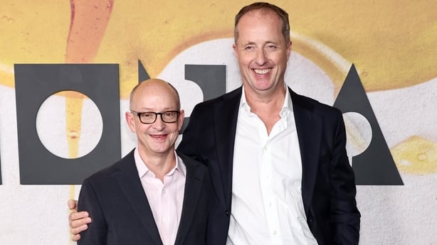 (L-R) Ed Guiney and Andrew Lowe attend Focus Features' Bugonia New York Premiere at the Museum of Modern Art on 21 October, 2025 in New York City. (Photo by Jamie McCarthy/Getty Images)