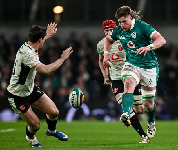 6 March 2026; Joe McCarthy of Ireland kicks on during the Guinness 6 Nations Rugby Championship match between Ireland and Wales at the Aviva Stadium in Dublin. Photo by Seb Daly/Sportsfile