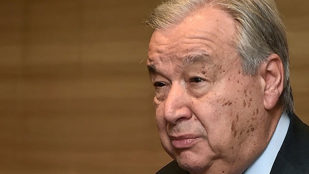 United Nations Secretary General Antonio Guterres speaks to the press after his meeting with Lebanese parliament speaker in Beirut