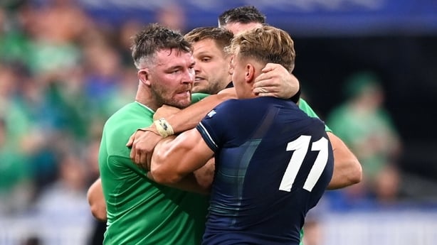 7 October 2023; Peter O'Mahony of Ireland and Duhan van der Merwe of Scotland during the 2023 Rugby World Cup Pool B match between Ireland and Scotland at the Stade de France in Paris, France. Photo by Ramsey Cardy/Sportsfile