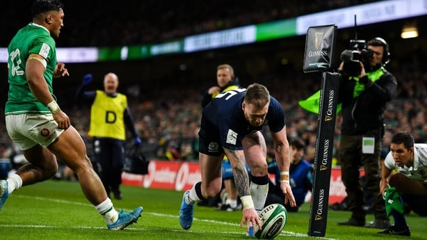 1 February 2020; Stuart Hogg of Scotland knocks-on as he touches down for a try, which was subsequently disallowed, during the Guinness Six Nations Rugby Championship match between Ireland and Scotland at the Aviva Stadium in Dublin. Photo by Brendan Moran/Sportsfile