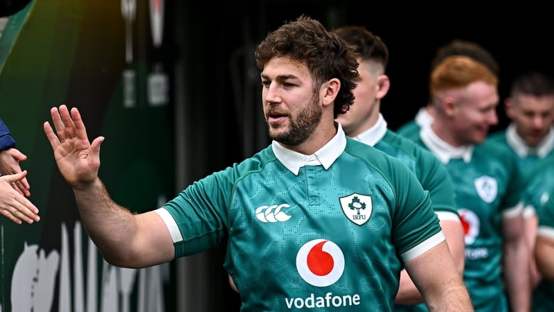 13 March 2026; Caelan Doris is greeted by supporters before an Ireland Rugby captain's run at the Aviva Stadium in Dublin. Photo by Seb Daly/Sportsfile
