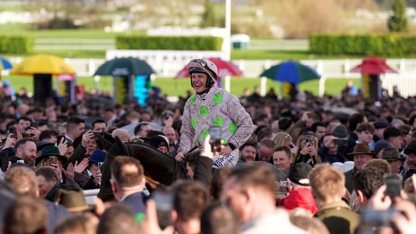Gaelic Warrior ridden by Paul Townend lead into the parade ring after winning the Boodles Cheltenham Gold Cup Chase on day four of the 2026 Cheltenham Festival at Cheltenham Racecourse. Picture date: Friday March 13, 2026.