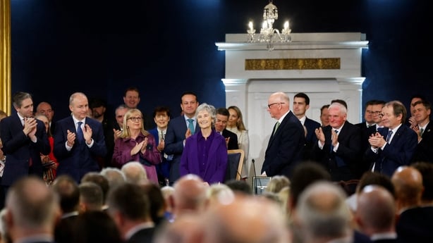 Newly inaugurated Irish President Catherine Connolly is applauded at the inauguration ceremony for Ireland's new President in Dublin Castle, Dublin on November 11, 2025. Catherine Connolly, a left-winger, was inaugurated as Ireland's new president in Dublin Tuesday after a landslide election win las