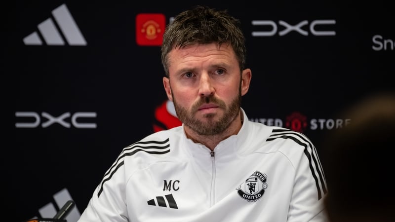 Head Coach Michael Carrick of Manchester United speaks during a press conference at Carrington Training Ground on March 13, 2026 in Manchester, England.