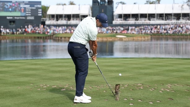 PONTE VEDRA BEACH, FLORIDA - MARCH 13: Rory McIlroy of Northern Ireland plays his shot from the 17th tee during the second round of THE PLAYERS Championship 2026 at THE PLAYERS Stadium course at TPC Sawgrass on March 13, 2026 in Ponte Vedra Beach, Florida. (Photo by Richard Heathcote/Getty Images)