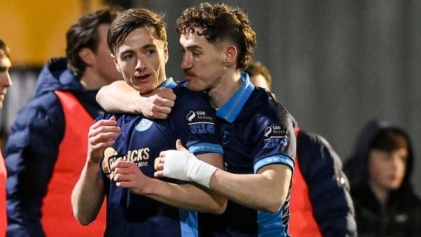 13 March 2026; Daniel Kelly, left, of Shelbourne celebrates with team-mate John Martin after scoring their side's second goal during the SSE Airtricity Men's Premier Division match between Derry City and Shelbourne at The Ryan McBride Brandywell Stadium i