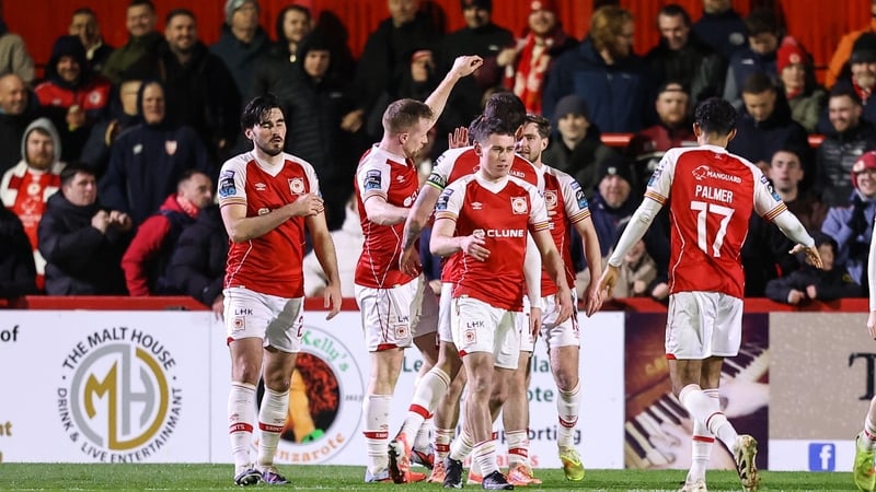 13 March 2026; Kian Leavy of St Patrick's Athletic, centre, celebrates after scoring his side's third goal during the SSE Airtricity Men's Premier Division match between St Patrick's Athletic and Drogheda United at Richmond Park in Dublin. Photo by Michae