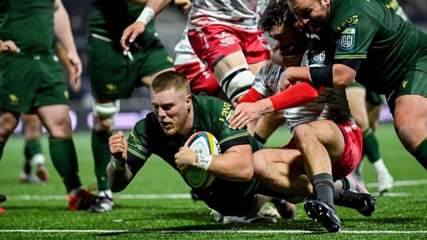 13 March 2026; Sean Jansen of Connacht dives over to score his side's second try during the United Rugby Championship match between Connacht and Scarlets at Dexcom Stadium in Galway. Photo by Paul Phelan/Sportsfile