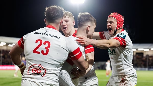 13 March 2026; Jake Flannery of Ulster celebrates with his teammates after scoring their sides try during the United Rugby Championship match between Edinburgh and Ulster at Hive Stadium in Edinburgh, Scotland. Photo by Mark Scates/Sportsfile