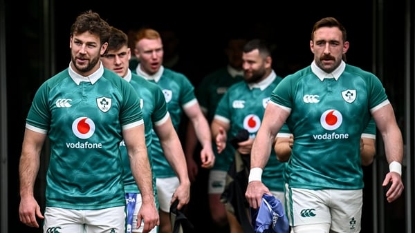 13 March 2026; Caelan Doris, left, and Jack Conan, right, lead their side out before an Ireland Rugby captain's run at the Aviva Stadium in Dublin. Photo by Seb Daly/Sportsfile