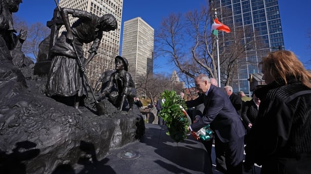 Taoiseach Micheal Martin lays a wreath at the Irish Memorial in Philadelphia
