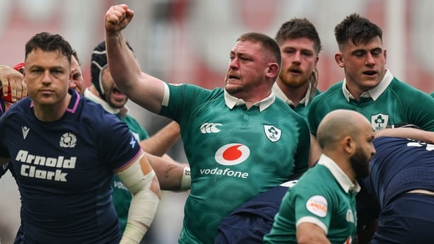 14 March 2026; Tadhg Furlong of Ireland celebrates a scrum penalty during the Guinness 6 Nations Rugby Championship match between Ireland and Scotland at the Aviva Stadium in Dublin. Photo by Brendan Moran/Sportsfile