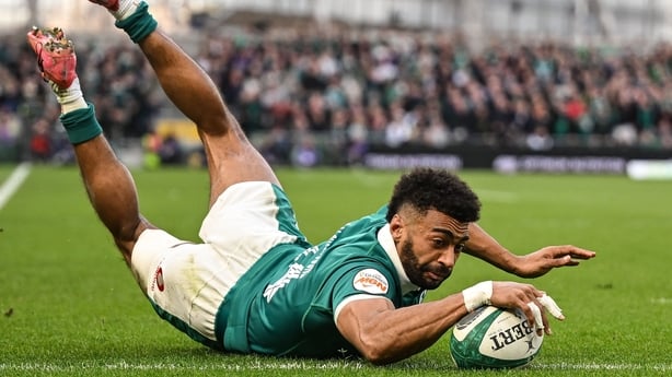 14 March 2026; Robert Baloucoune of Ireland dives over to score his side's third try during the Guinness 6 Nations Rugby Championship match between Ireland and Scotland at the Aviva Stadium in Dublin. Photo by Brendan Moran/Sportsfile
