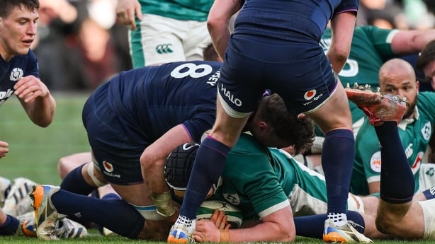 14 March 2026; Darragh Murray of Ireland dives over to score his side's fourth try during the Guinness 6 Nations Rugby Championship match between Ireland and Scotland at the Aviva Stadium in Dublin. Photo by Brendan Moran/Sportsfile