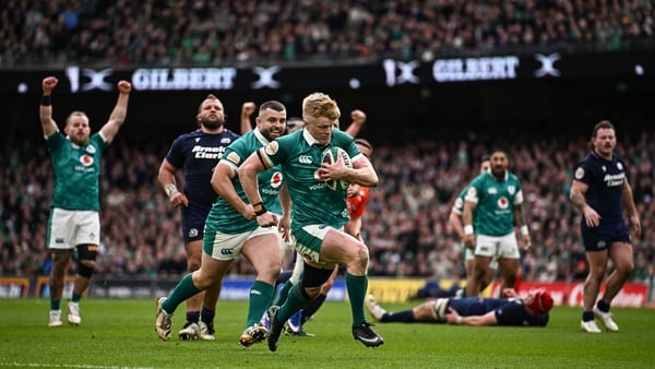 14 March 2026; Tommy O'Brien of Ireland on his way to scoring his side's fifth try during the Guinness 6 Nations Rugby Championship match between Ireland and Scotland at the Aviva Stadium in Dublin. Photo by Seb Daly/Sportsfile