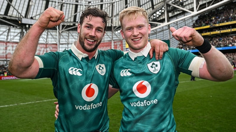 Caelan Doris, left, and Jamie Osborne of Ireland after their side's victory in the Guinness 6 Nations Rugby Championship match between Ireland and Scotland at the Aviva Stadium in Dublin.
