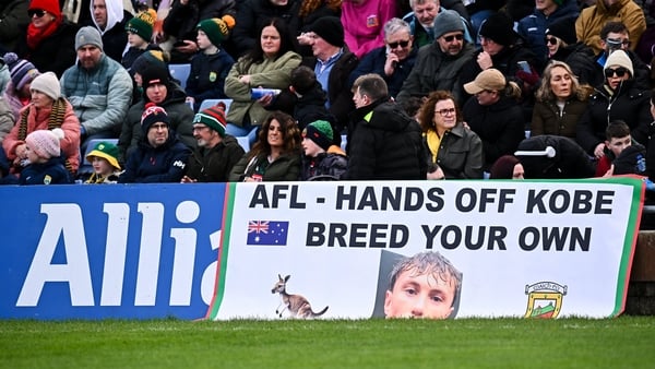14 March 2026; A banner protesting against the AFL, Australian Football League, partly blocking an Allianz sign, during the Allianz Football League Division 1 match between Kerry and Mayo at Austin Stack Park in Tralee, Kerry. Photo by Piaras Ó Mídheach/S