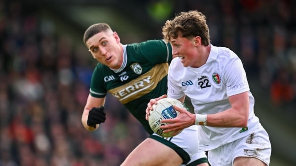 14 March 2026; Kobe McDonald of Mayo in action against Joe O'Connor of Kerry during the Allianz Football League Division 1 match between Kerry and Mayo at Austin Stack Park in Tralee, Kerry. Photo by Piaras Ó Mídheach/Sportsfile